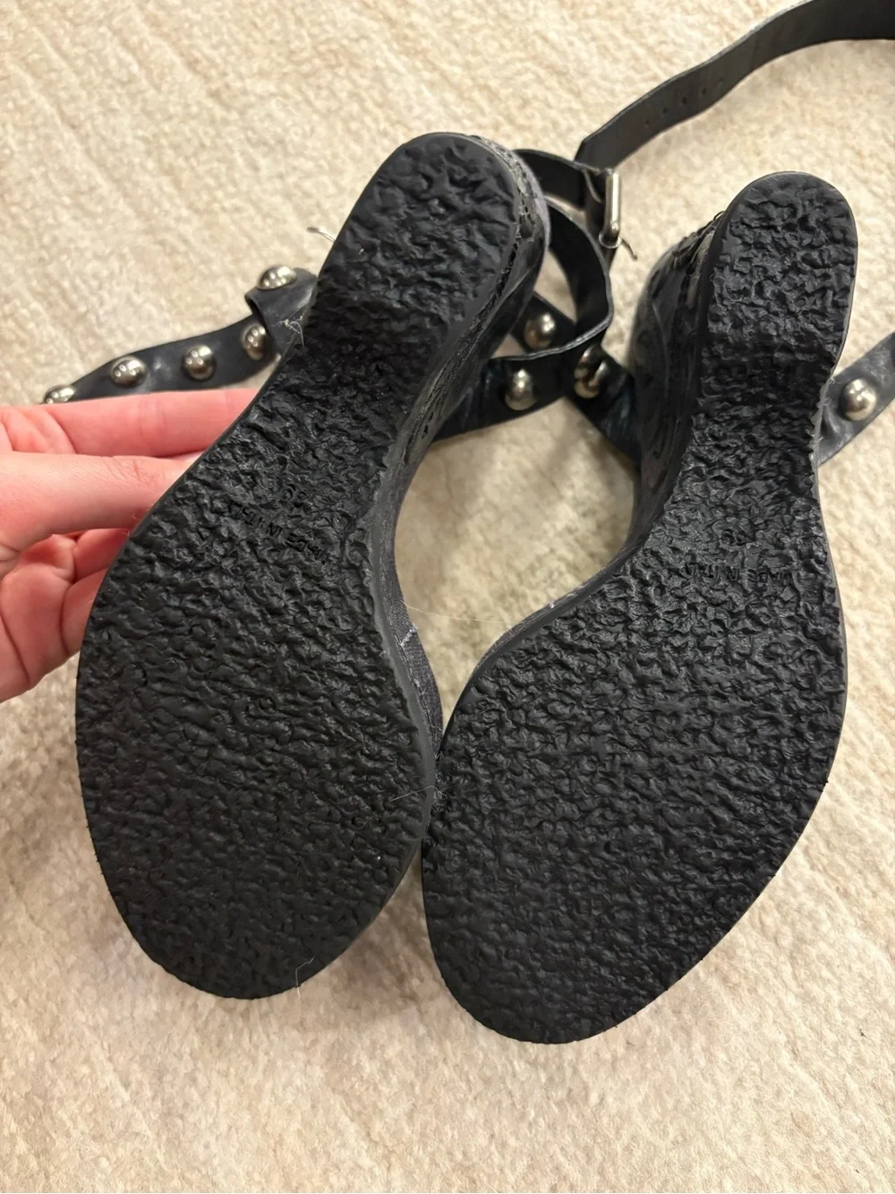 anna sui rare Black Studded Ankle-Strap Wedge Sandals heels
